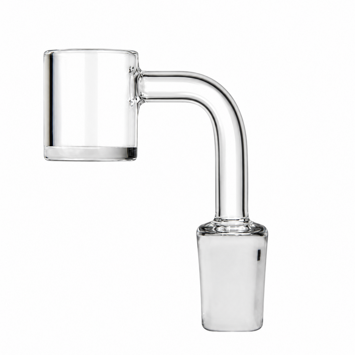 Clear glass water pipe dab rig accessory with a 90-degree bend and a cylindrical downstem bowl, shown on a solid white background.