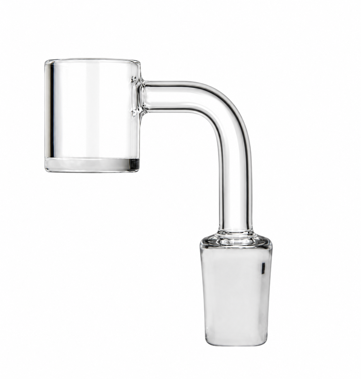 Clear glass water pipe dab rig accessory with a 90-degree bend and a cylindrical downstem bowl, shown on a solid white background.