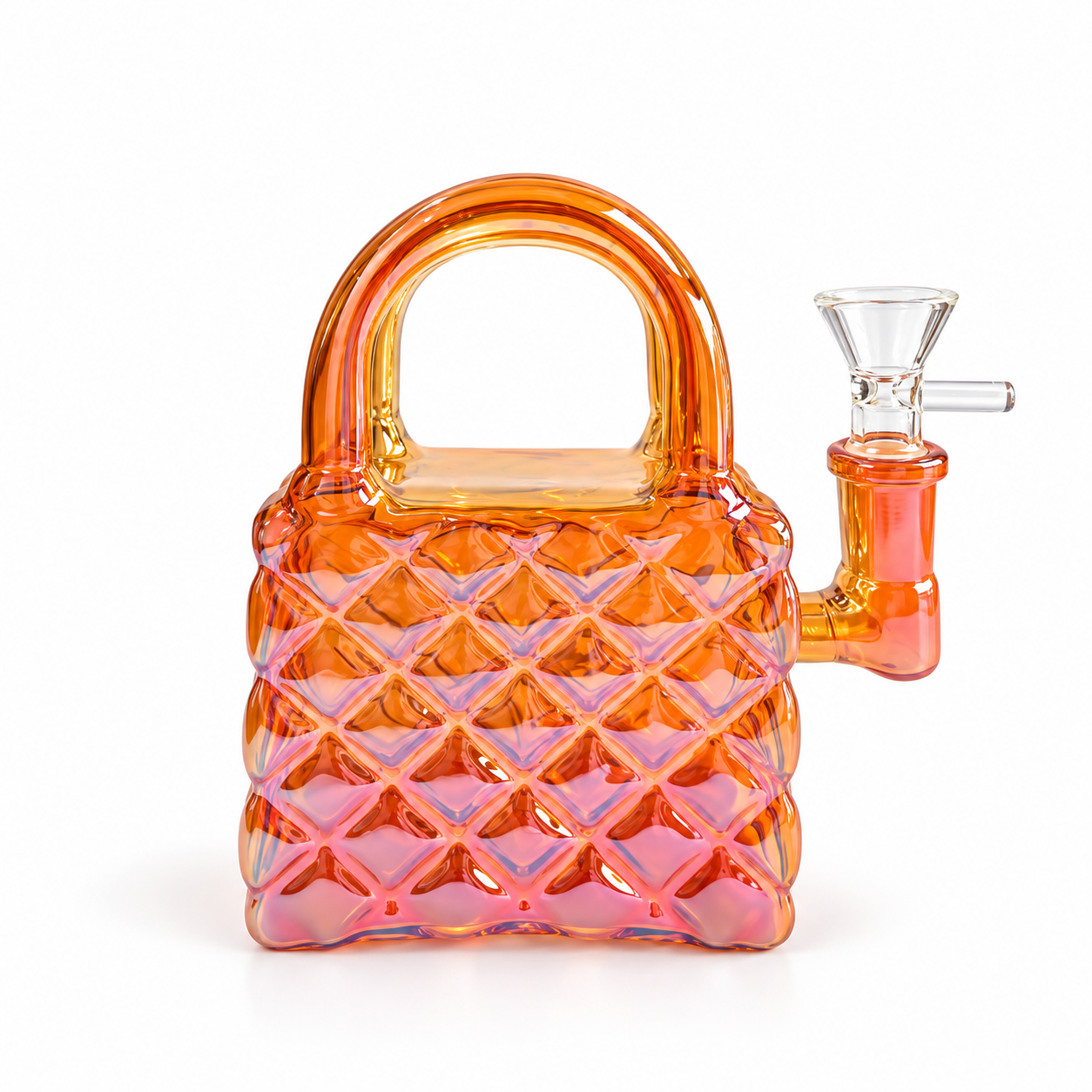 An iridescent orange and pink glass lock-shaped water pipe with a diamond-quilted pattern, a curved handle, and a side arm leading to a clear glass funnel.