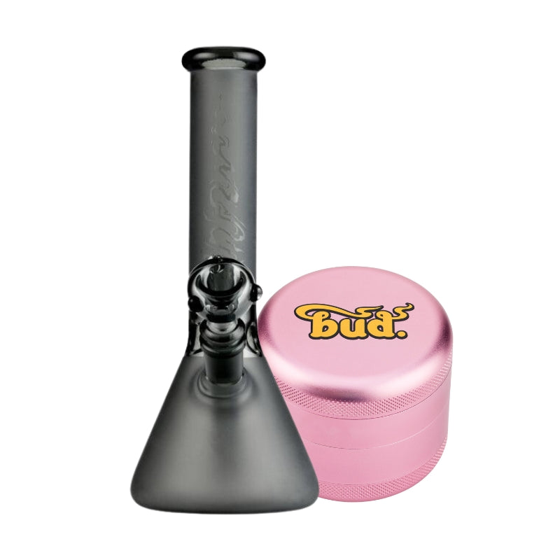 Bud Beaker Bong 25cm & Grinder Bundle-Matte-Black-Pink