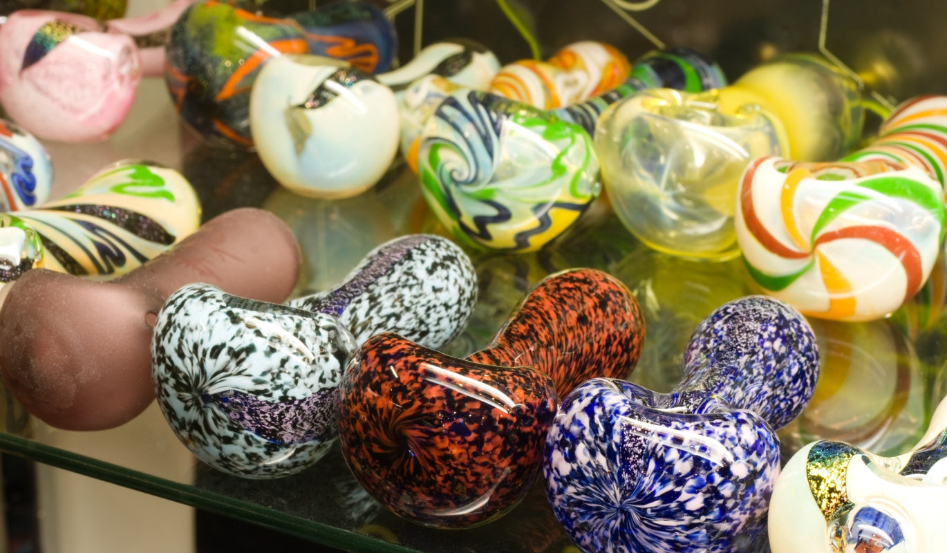A bunch of colourful glass pipes