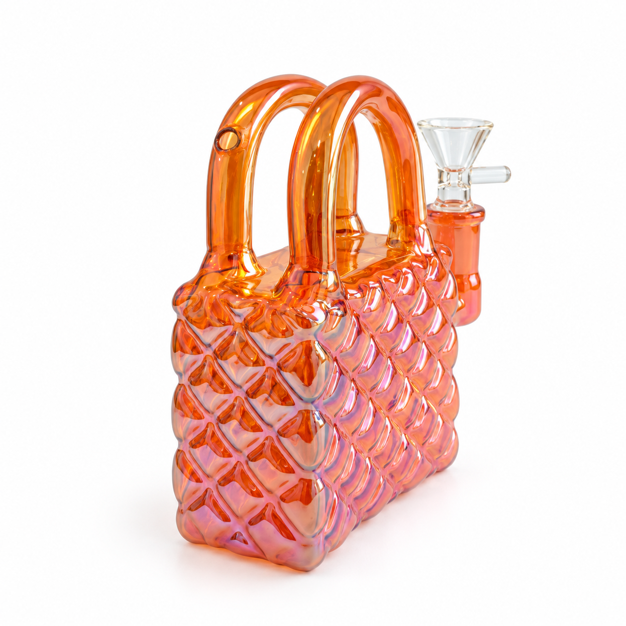 An iridescent orange glass water pipe shaped like a purse, featuring a quilted diamond pattern on the body, dual curved handles, and a clear glass mouthpiece on the side, set against a plain white background.
