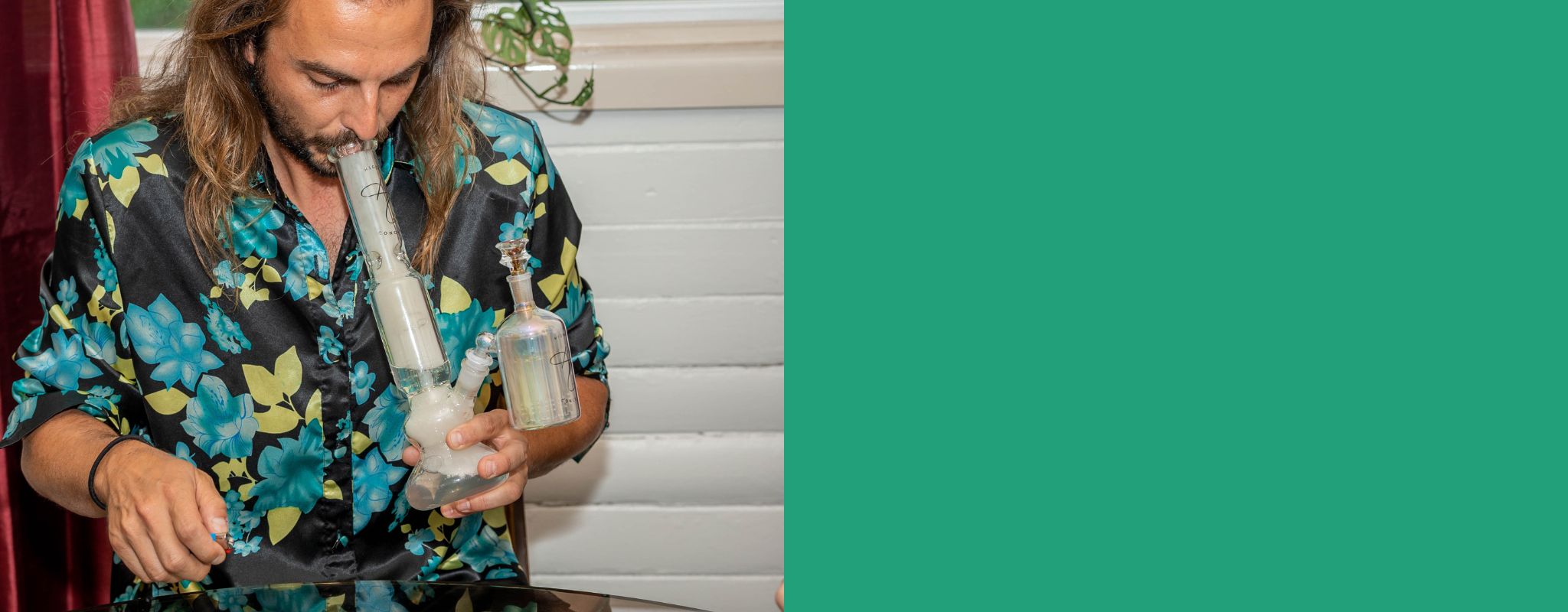 Man smoking from Higher Concepts Tree Percolator Bong with ash catcher