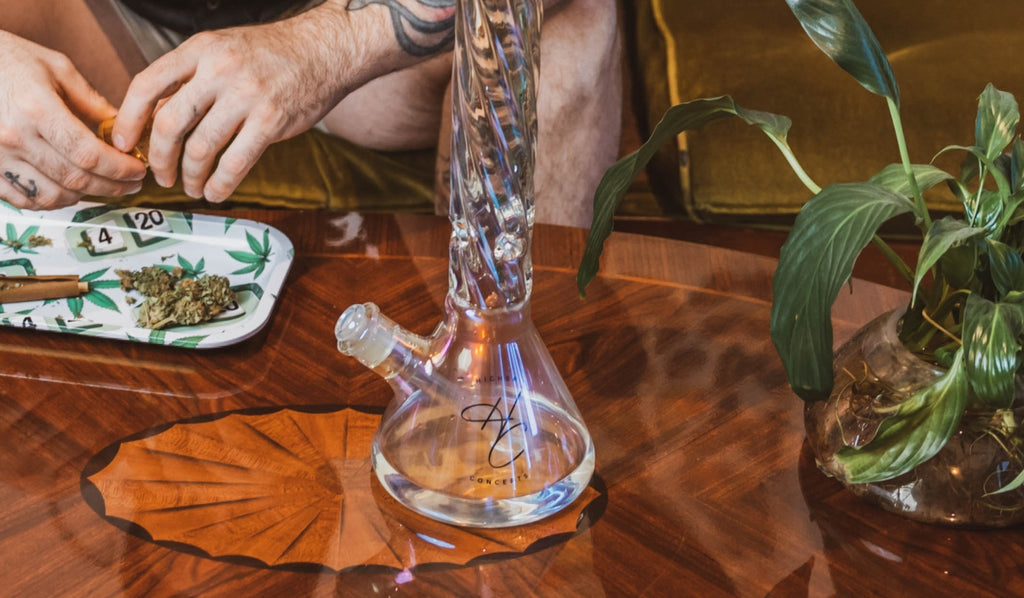 Large glass bong on a table
