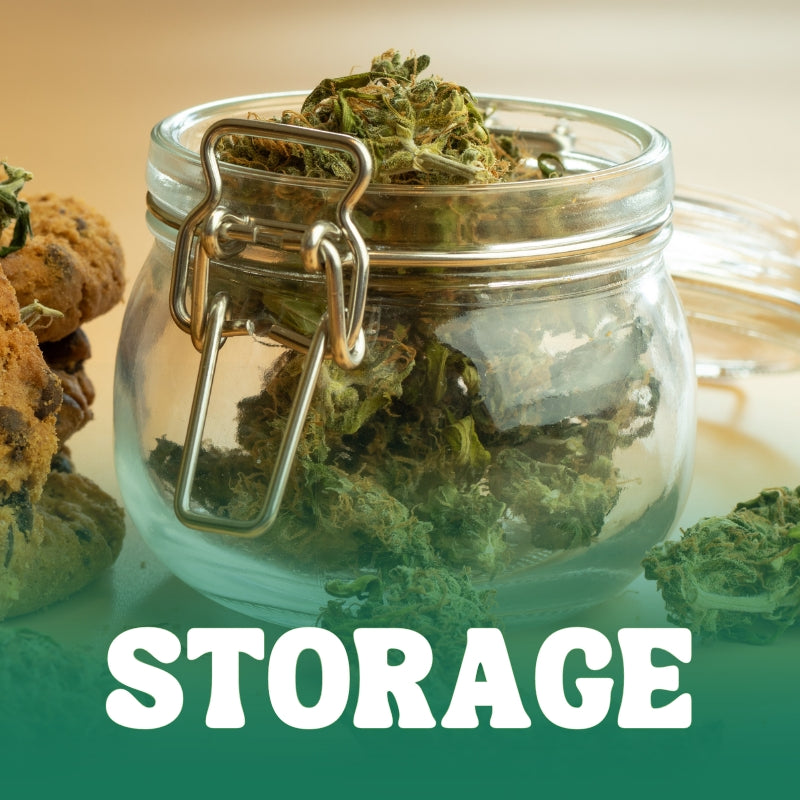 Cannabis buds inside an open glass storage jar