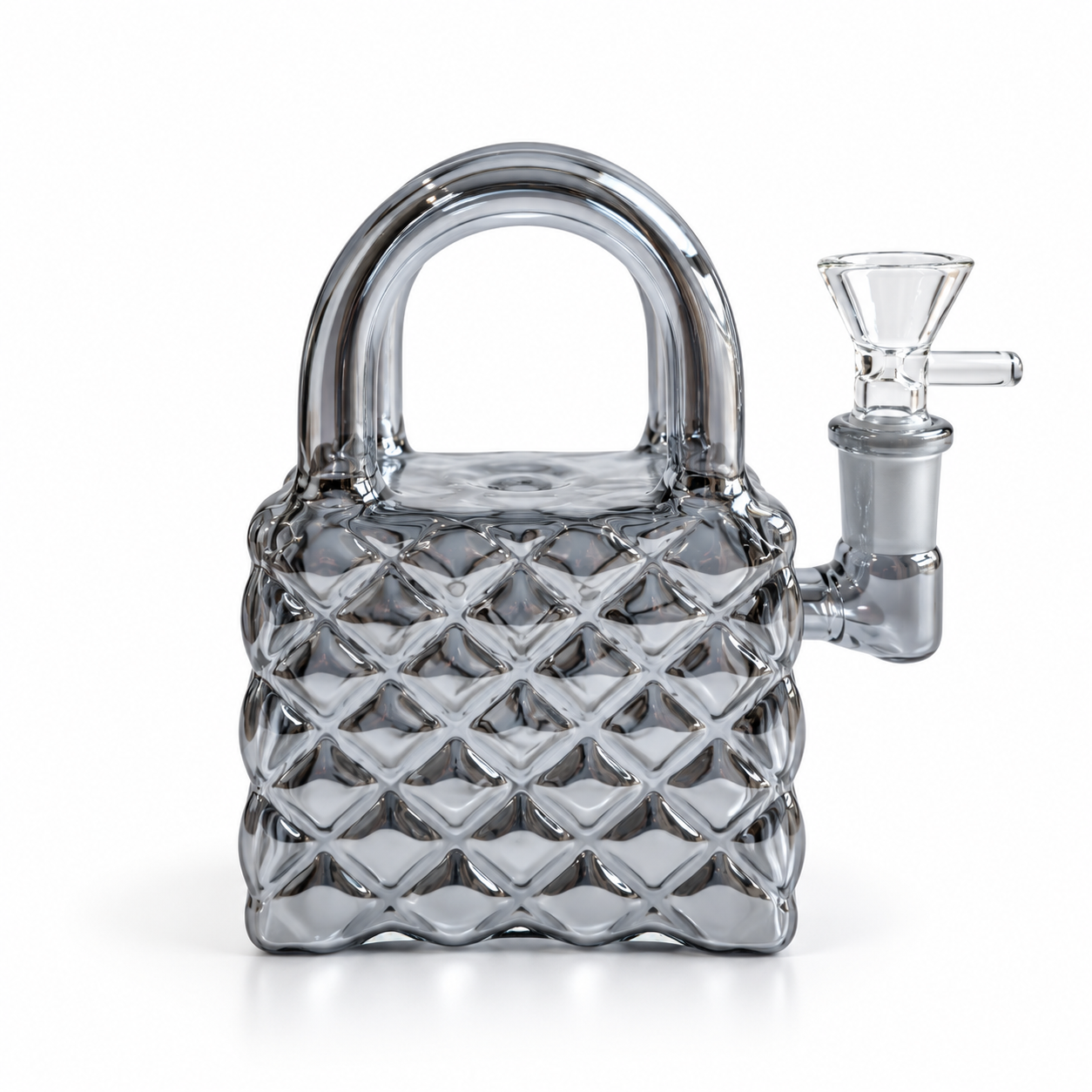 A clear glass water pipe or bong styled like a quilted padlock, featuring a diamond-patterned glass body, a curved glass handle, and a side-mounted glass mouthpiece, shown on a white background.