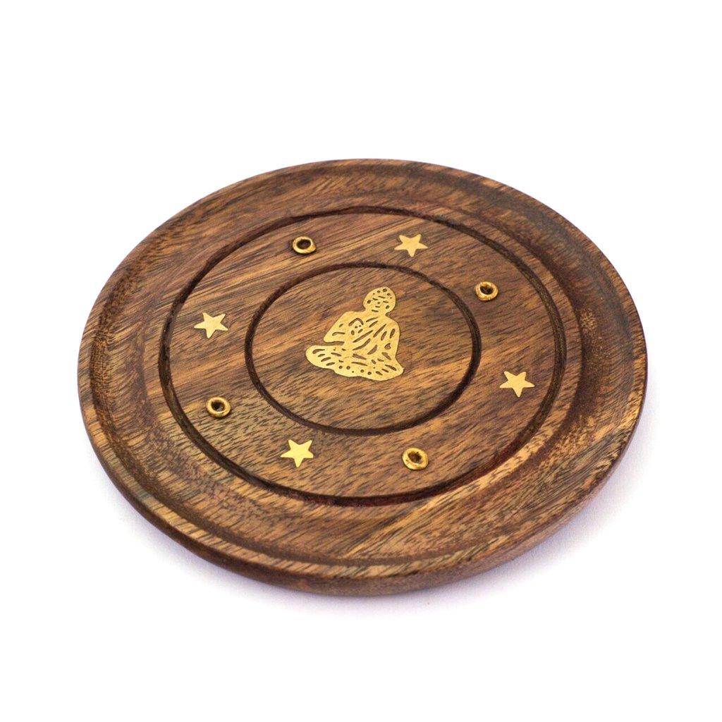 Wooden Round Incense Ash Catcher Holder with Brass Inlay