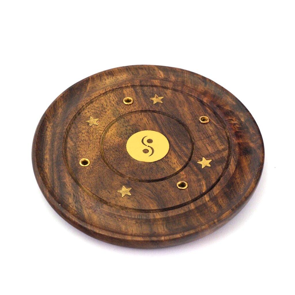 Wooden Round Incense Ash Catcher Holder with Brass Inlay