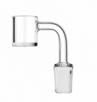 Clear glass water pipe dab rig accessory with a 90-degree bend and a cylindrical downstem bowl, shown on a solid white background.