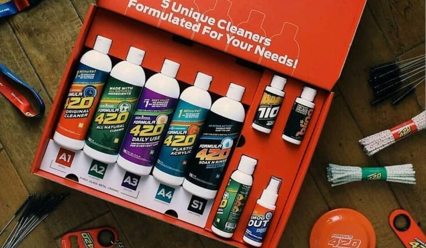 A box of Formula 420 bong cleaners and accessories