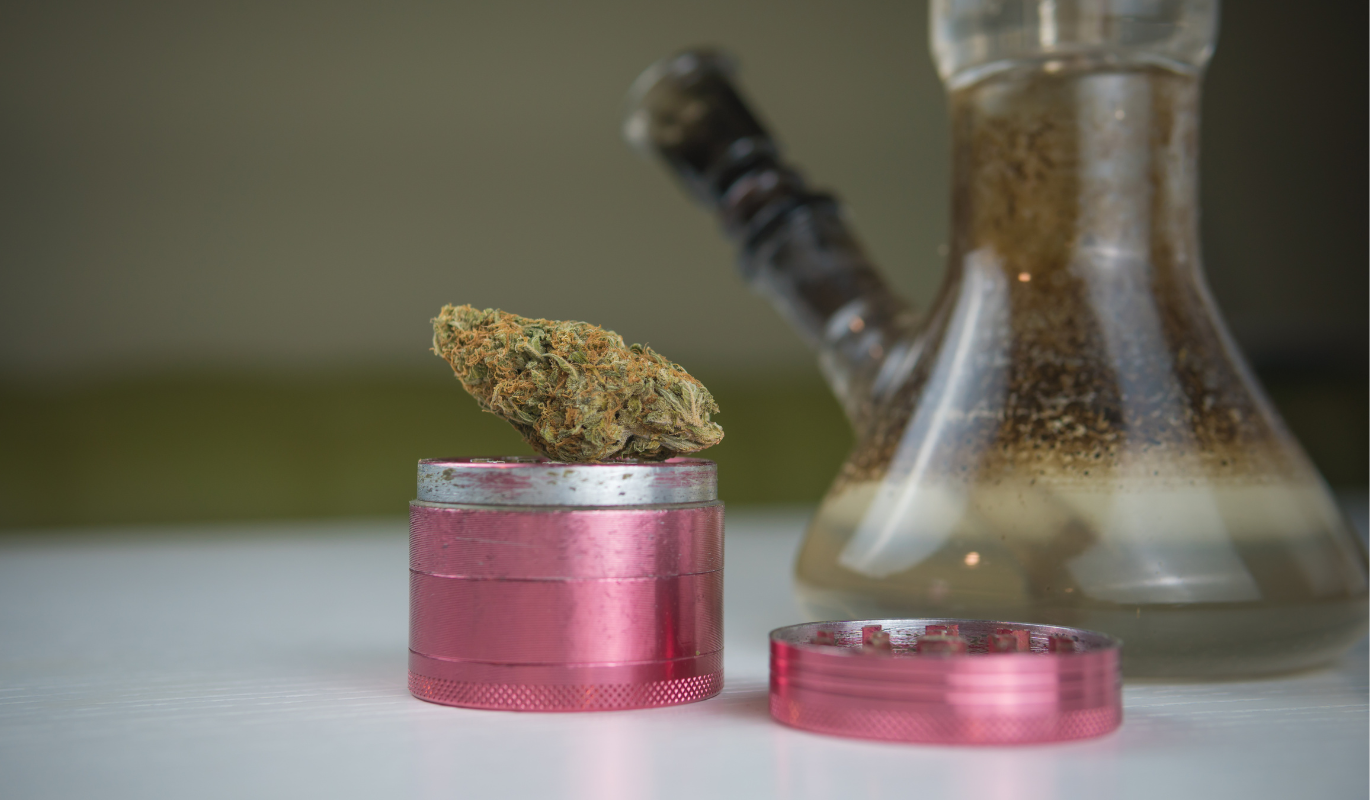 A dirty bong with a grinder and bud of cannabis