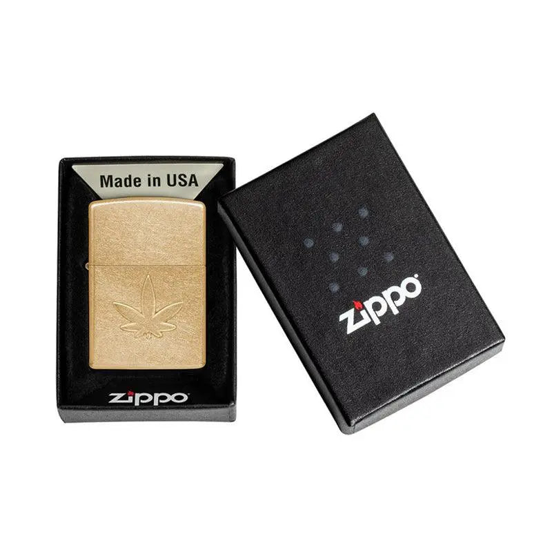 Zippo Cannabis Stamped Tumbled Brass Lighter-
