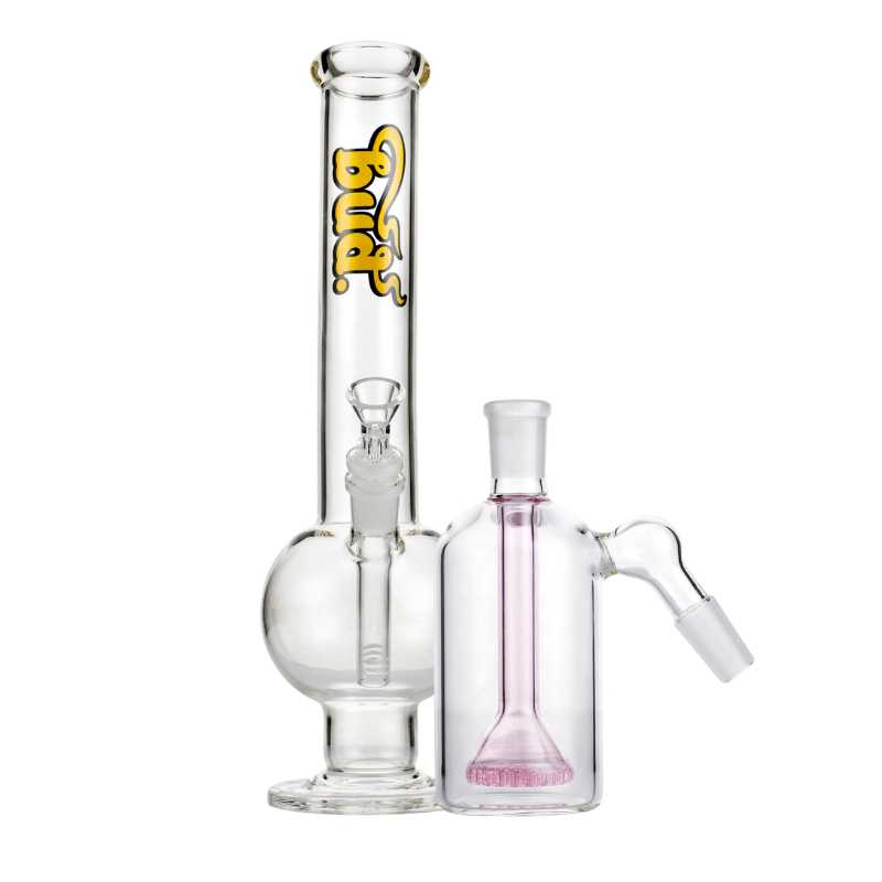 Bud Bent Bubble Bong Bundle-ClearShowerheadAshCatcher-Pink