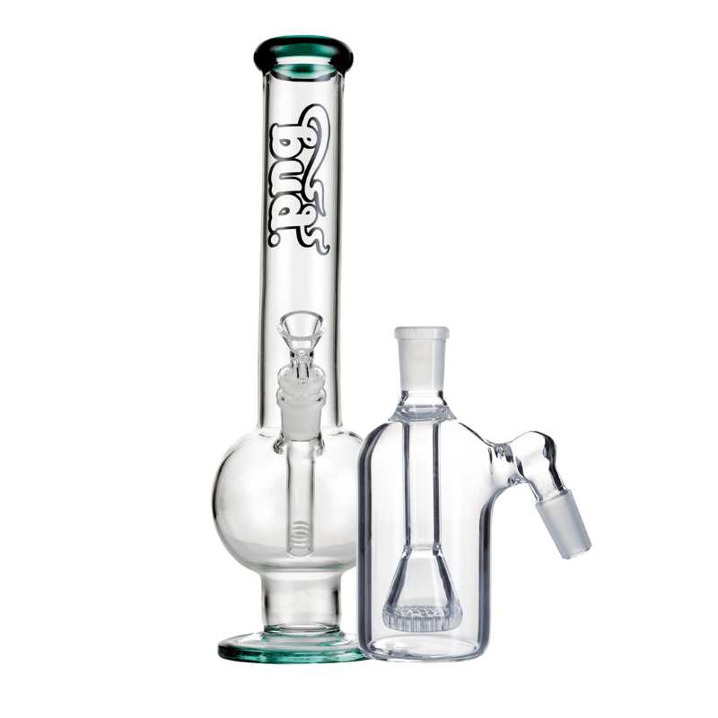 Bud Bent Bubble Bong Bundle-TealShowerheadAshCatcher-Clear