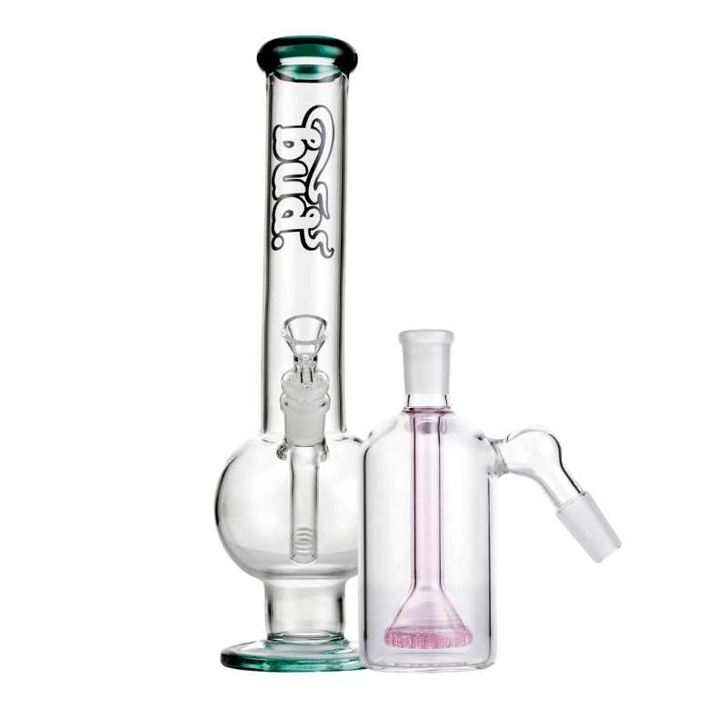 Bud Bent Bubble Bong Bundle-TealShowerheadAshCatcher-Pink