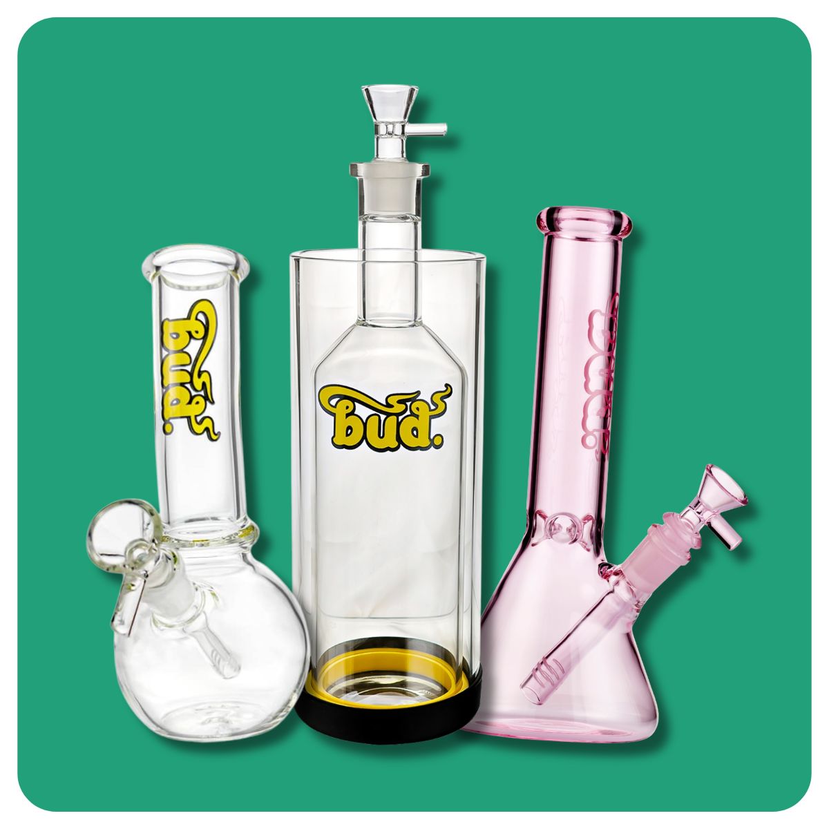 Three Bud glass bongs