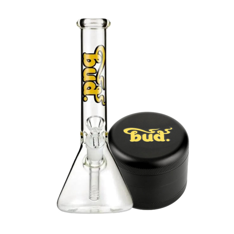 Bud Beaker Bong 25cm & Grinder Bundle-Clear-Black