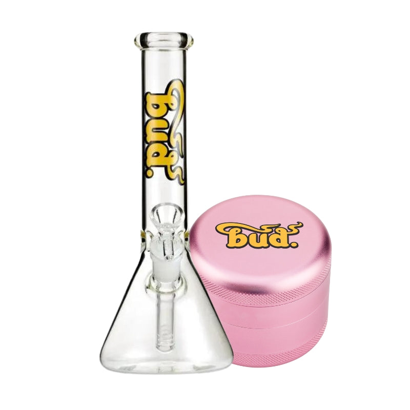 Bud Beaker Bong 25cm & Grinder Bundle-Clear-Pink