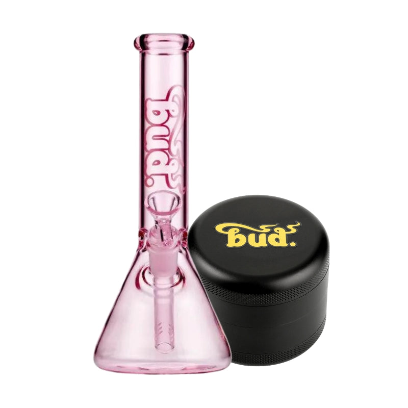 Bud Beaker Bong 25cm & Grinder Bundle-Pink-Black