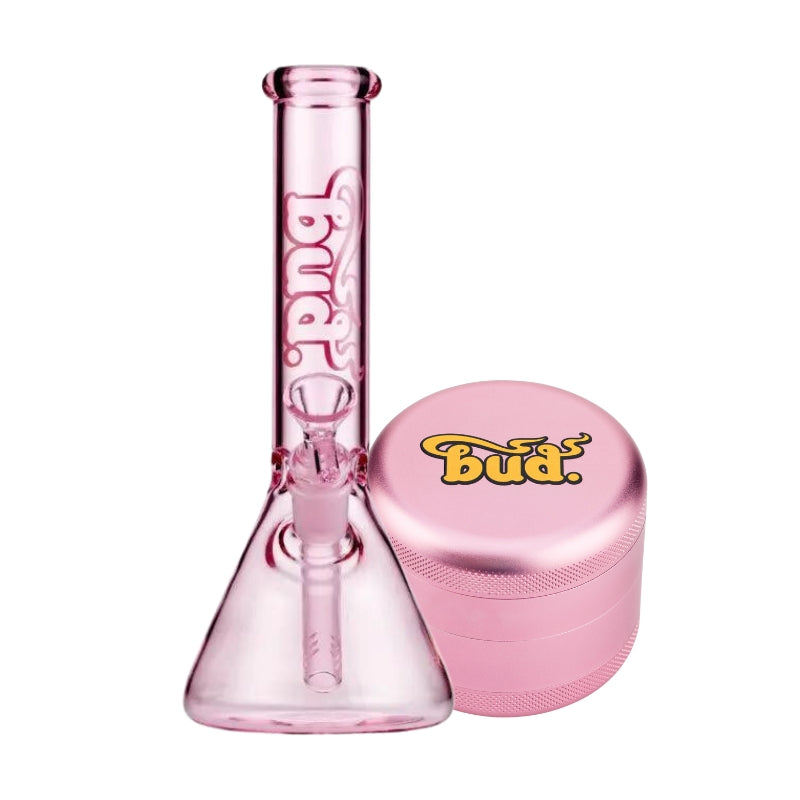 Bud Beaker Bong 25cm & Grinder Bundle-Pink-Pink