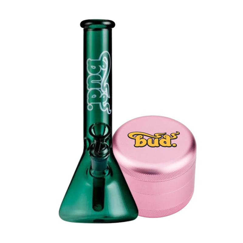 Bud Beaker Bong 25cm & Grinder Bundle-Teal-Pink