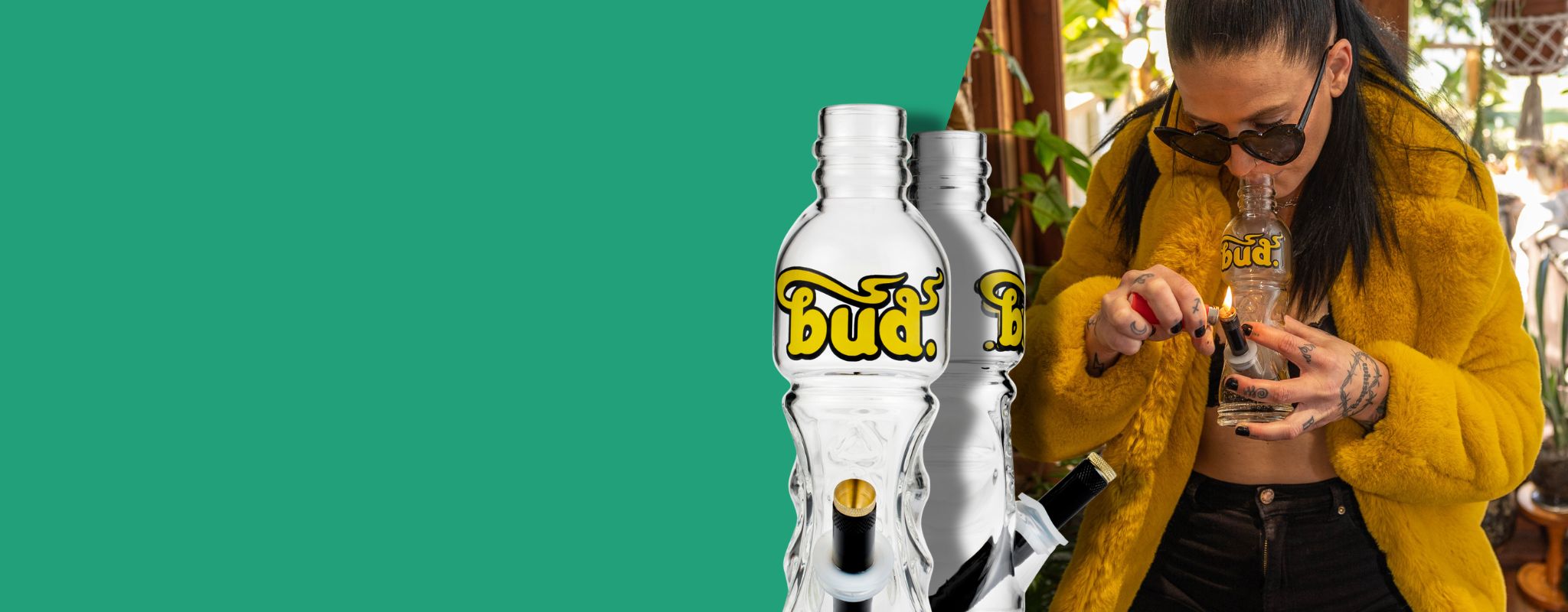 Woman smoking from Bud Bottle Bong