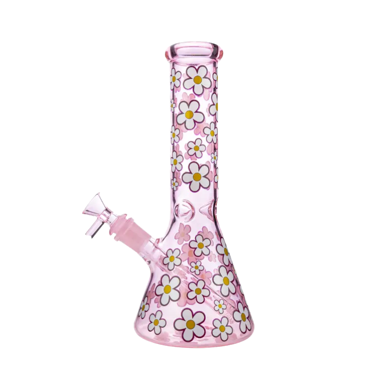 Pink glass bong with floral daisy design