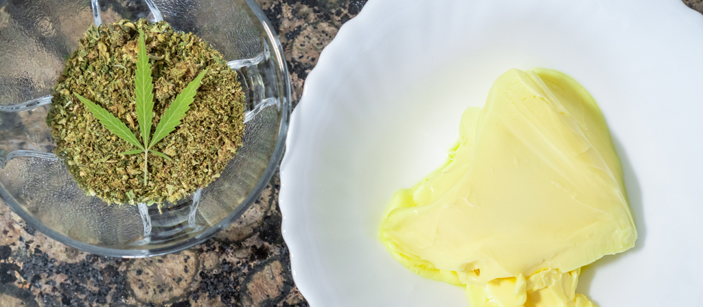 Ground cannabis and butter in bowls