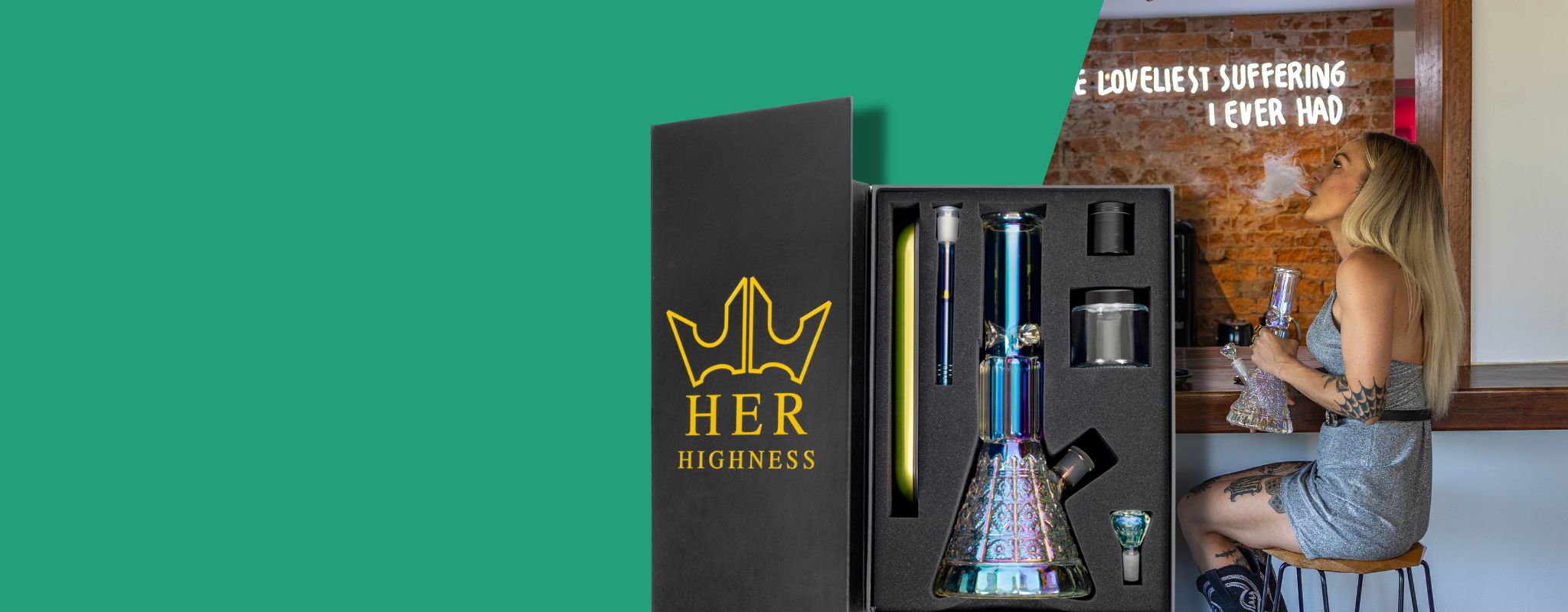 Woman smoking from Her Highness III bong
