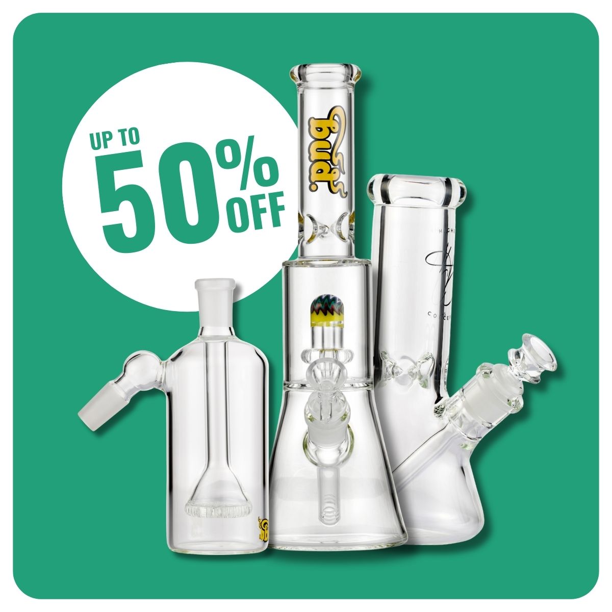 Two glass bongs and an ash catcher