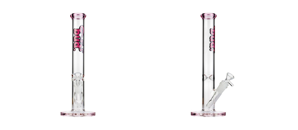 Two pink glass straight tube bongs