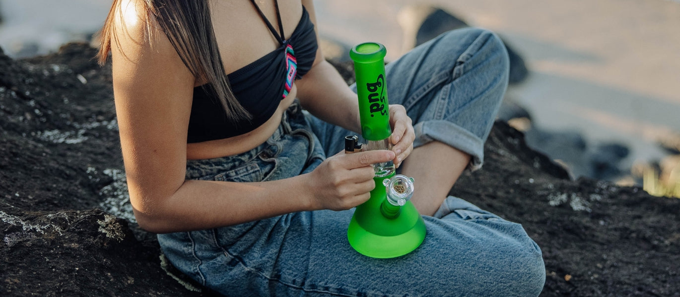 Woman holding Bud Tree Percolator Bong