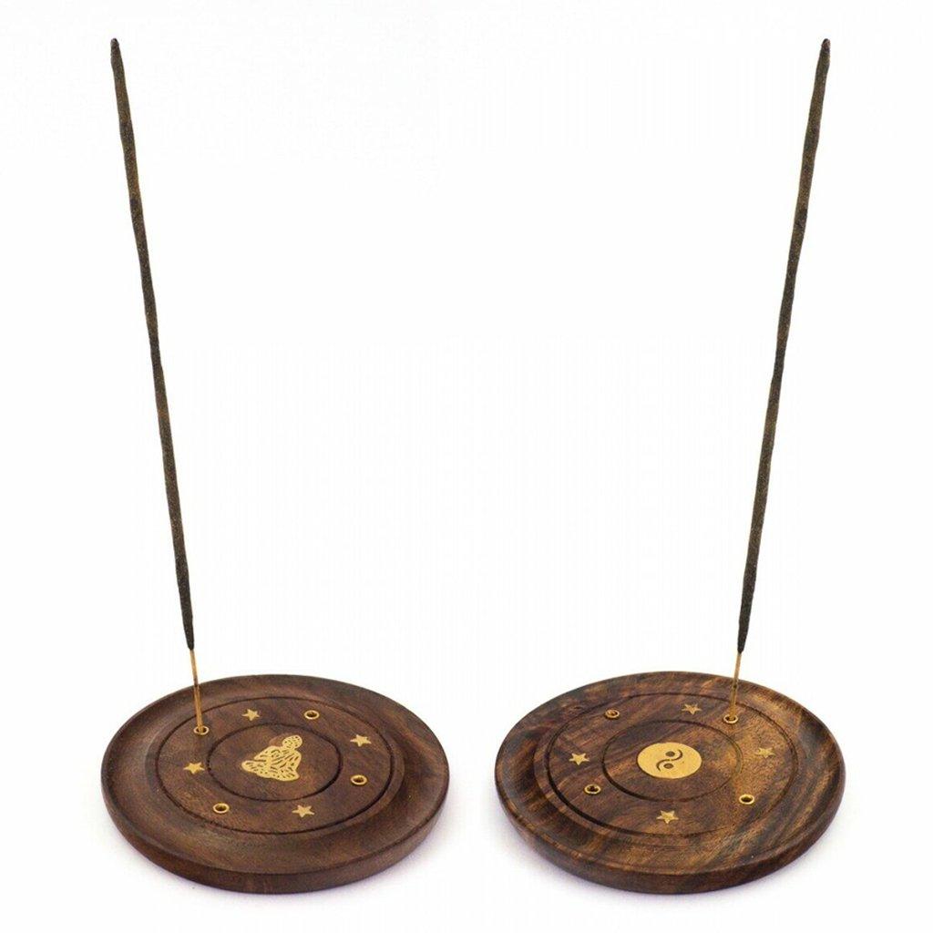 Wooden Round Incense Ash Catcher Holder with Brass Inlay