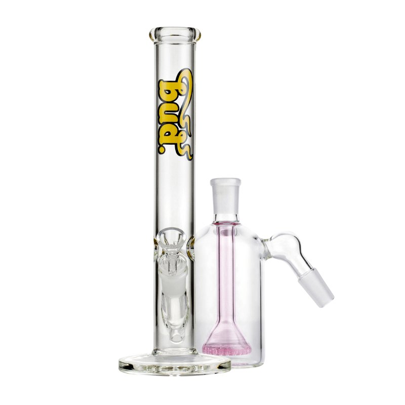 Bud Straight Tube Bong Bundle-Clear-Showerhead-Ash-Catcher-Pink