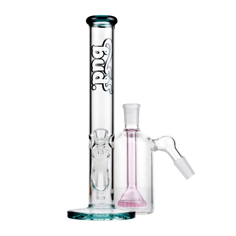 Bud Straight Tube Bong Bundle-Teal-Showerhead-Ash-Catcher-Pink